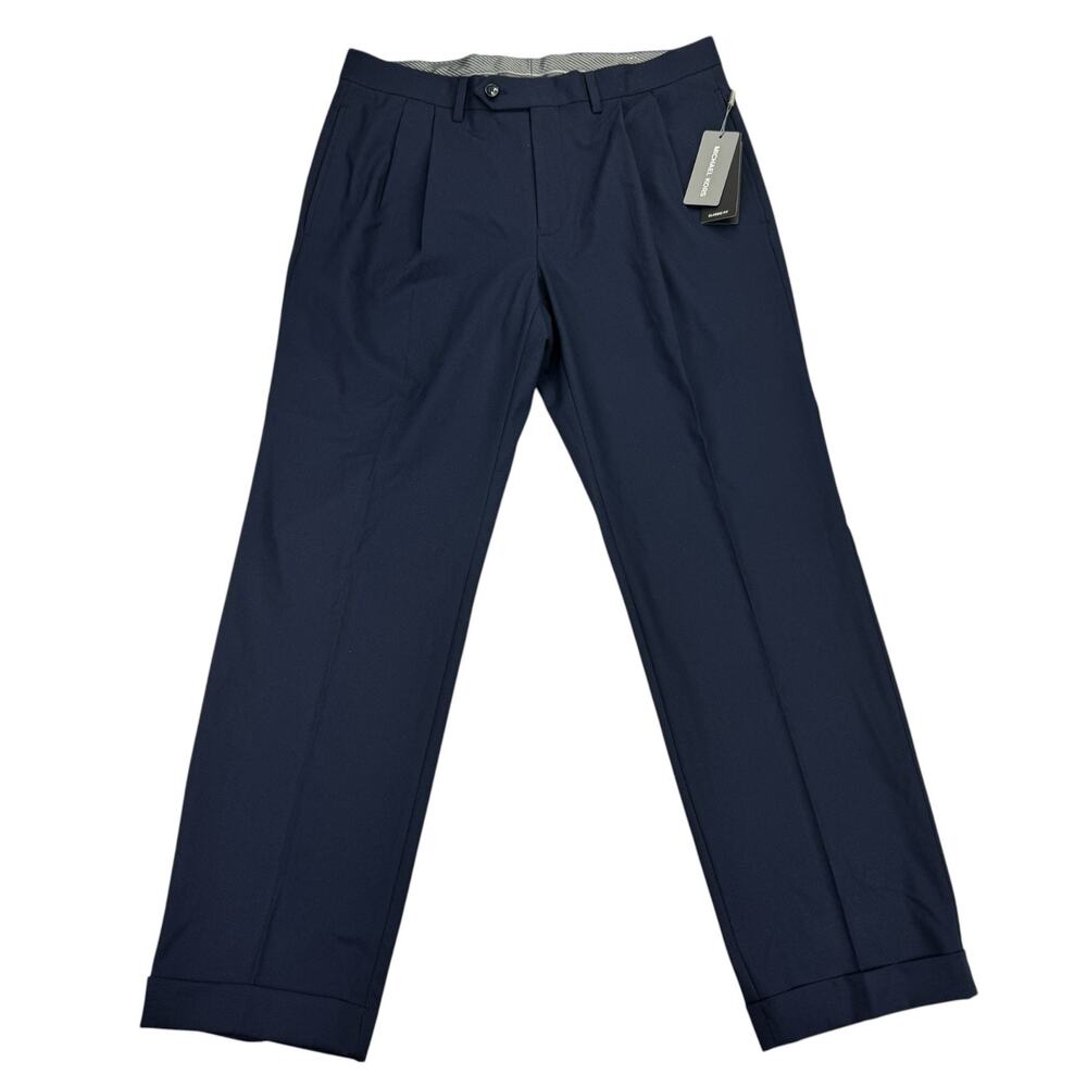 Michael Kors Mens Pleated Cuffed Solid Classic Fit Stretch Pants Navy Blue 33x30